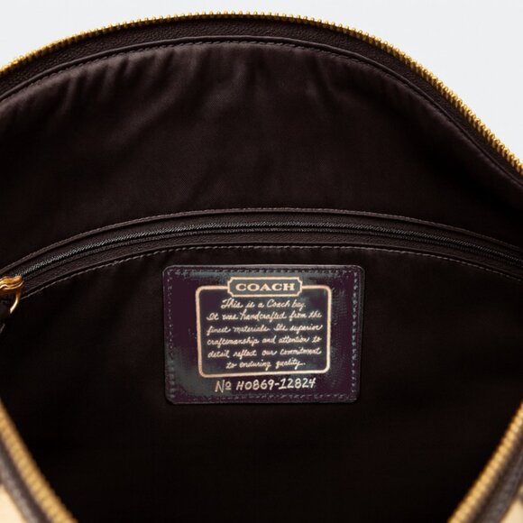 Coach Signature Stripe Tote Bag Khaki / Mahogany Brown 👜 Pre-Owned - Picture 6 of 8